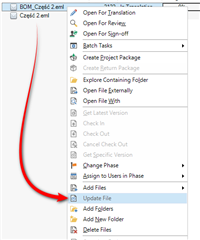 Screenshot of Trados Studio showing the right-click context menu with options such as Open For Translation, Create Project Package, and Update File highlighted.