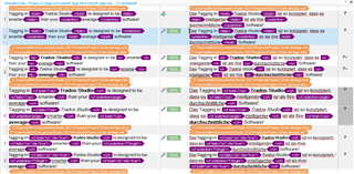 Screenshot of Trados Studio showing four files with two lines each, displaying 100% match autopropagation in the translation memory.