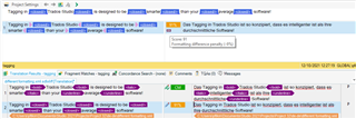 Screenshot of Trados Studio interface showing segment #2 with changed tags, resulting in a 9% penalty due to 6 new placeholder tags and missing 3 tag pairs.