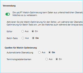 Trados Studio settings showing Uplift Match optimization options for Editor and Batch-Tasks with toggle switches set to 'On'.