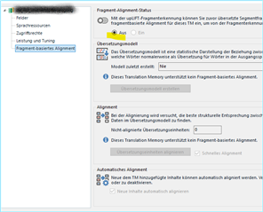 Trados Studio error message indicating that Uplift cannot be activated in the Project TM with suggestions for model alignment and automated alignment.