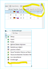 Trados Studio screenshot showing greyed out 'Projekteinstellung' and 'TM-Bearbeitung' tabs with an arrow pointing to 'Upgrade durchfuhren'.