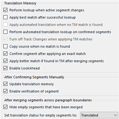 Trados Studio Translation Memory settings with options for lookup, automated translation, and confirming segments.