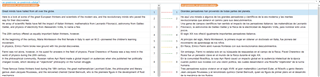 Screenshot of Trados Studio alignment tool with small font size, showing two columns of text side by side.