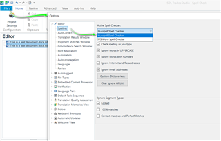 Trados Studio options menu screenshot with 'Active Spell Checker' dropdown menu open, showing 'Hunspell' selected.