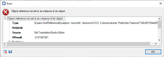 Error dialog box in Trados Studio displaying 'Object reference not set to an instance of an object' with type 'System.NullReferenceException' and stack trace information.
