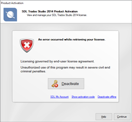 SDL Trados Studio 2014 Product Activation window with an error message 'An error occurred while retrieving your license.' Options to Deactivate, SDL My Account, Reactivate online, and Reactivate offline are visible.