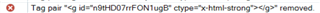 Error message in Trados Studio indicating a tag pair with ID 'id9H7Dd7F0NTUu9b' has been removed.