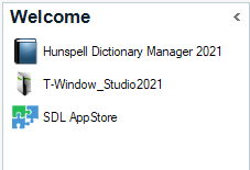 Welcome screen with icons for Hunspell Dictionary Manager 2021, T-Window_Studio2021, and SDL AppStore.