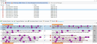 Trados Studio interface showing multiple error messages for missing tags in the translation document.