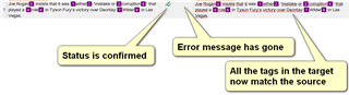 Trados Studio segment after correction, with all tags matching the source and error message cleared.