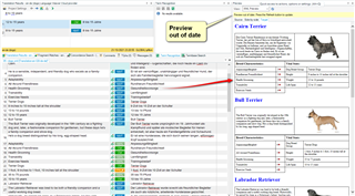 Screenshot of Trados Studio with a 'Preview out of date' message in a yellow warning box, indicating the preview stopped updating automatically.