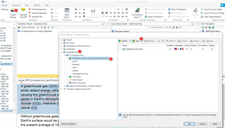 Trados Studio Editor view with a document open. Project Settings menu is expanded showing Language Pairs, All Language Pairs, and Translation Memory and Automated Translation options. A red error icon is visible next to the Translation Memory and Automated Translation option.