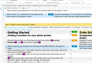 Screenshot of Trados Studio software showing a translation project with an error message about a missing DeepL plugin.