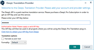 Trados Studio error message in DeepL Translation Provider window, stating 'Authorization failed. Please supply a valid API key.' with an empty field for API key entry.