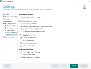 Trados Studio 2021 SR1 batch processing settings window showing 'Pre-translate Files' task with 'Apply automated translation' and 'Leave target segment empty' options both highlighted in bold.