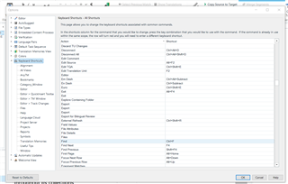 Trados Studio options window showing Keyboard Shortcuts tab with a list of commands and their associated shortcuts, none of which appear to be in error.