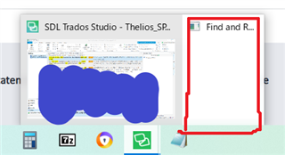 Trados Studio application with an open 'Find and Replace' window that is not displaying content, outlined in red to indicate an issue.