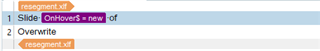 Trados Studio interface displaying a segment with source text 'Slide OnHover$ = new of' and an empty target field.