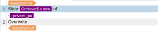 Trados Studio interface showing a segment with source text 'Slide OnHover$ = new of' and an ignorable code element at the end within the same unit.