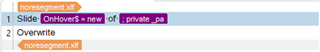 Trados Studio interface with a segment displaying source text 'Slide OnHover$ = new of' and target field without the ignorable code element after setting canResegment to 'no'.