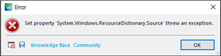 Error dialog box with a red cross icon indicating 'Set property System.Windows.ResourceDictionary.Source threw an exception.' with Knowledge Base and Community buttons and an OK button.