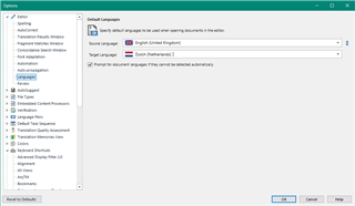 Trados Studio settings window showing the Editor options with Languages tab selected. Default language set to Dutch (Netherlands).