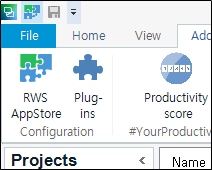 Trados Studio screenshot showing the navigation ribbon with tabs for File, Home, View, and Add-Ins. The RWS AppStore tab is highlighted indicating it is selected.