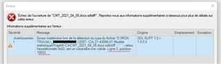 Error message in Trados Studio in French indicating failure to open a file due to an unexpected error in file type detection with hexadecimal value 0x02 being an invalid character at line 3, position 10533.