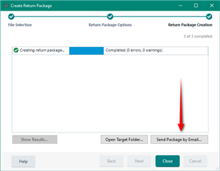 Trados Studio dialog showing 'Create Return Package' with 'Creating return package - Completed (0 errors, 0 warnings)' and an arrow pointing to 'Send Package by Email' button.