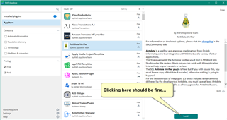 Screenshot of Trados Studio interface with a warning triangle icon indicating an issue. A message bubble points to 'Apply Project Template' option with text 'Clicking here should be fine...'.