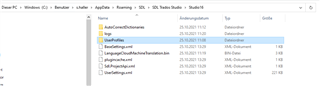 Trados Studio screenshot showing a list of folders including 'AutoSuggestDictionaries', 'Logs', 'ProjectTemplates', 'Translation Memories' and 'UserSettings' with 'Plugins' folder missing.