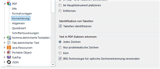 Trados Studio settings menu with options for PDF file handling, including using IRIS technology for optical character recognition.