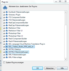 Trados Studio plugins window with a list of plugins, including the SDL Trados Studio IRIS add-on, which is checked.