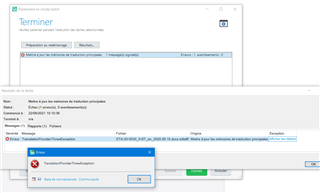 Trados Studio Batch Task window with an error message 'Error: TranslationProviderTranslationException' and a detailed exception message.