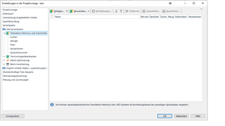 Trados Studio screenshot showing no TMs under 'All languages' in target template settings, which is correct.