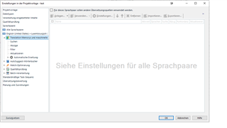 Trados Studio screenshot showing no TMs under language pair EN-US > LB-LU in target template settings, which is incorrect.