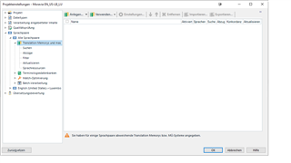 Trados Studio screenshot showing no Translation Memories (TMs) under 'All languages' in project settings.