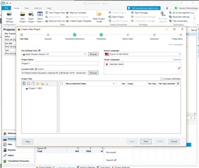 Screenshot of SDL Trados Studio 2019 showing the New Project wizard with 7 steps visible, missing the Perfect Match and GroupShare options.