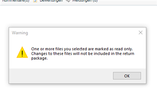 Warning message in Trados Studio stating 'One or more files you selected are marked as read only. Changes to these files will not be included in the return package.' with an OK button.