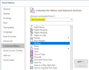 Screenshot of Trados Studio EN interface with a focus on the 'Word Options' menu, highlighting the 'Rtl Run' command in the list.