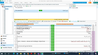 Trados Studio screenshot showing the Editor view with a segment selected. A warning message is displayed in orange stating 'Multiple translations found for source segment'. The source text and target text are visible, with the target text containing Arabic characters.