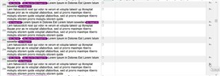 Screenshot of Trados Studio interface showing a text segment with highlighted words 'Lorem Ipsum' and a right-hand column displaying the word 'paragraph' when hovered over.