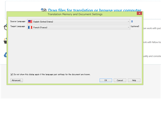 Trados Studio 'Translation Memory and Document Settings' window with empty Translation Memory list for selected source and target languages.