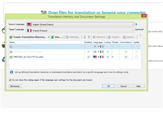 Trados Studio window showing Translation Memories listed after clicking the blue double arrow next to the source language drop-down list.