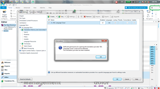 Trados Studio error message stating 'An error occurred while requesting the translation provider info. Language Cloud could not be reached. The translation provider has been disabled.'