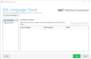 SDL Language Cloud window with empty fields for Source Language, Target Language, and Model under SDL Machine Translation options.