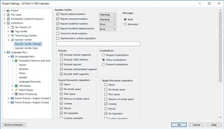 Trados Studio project settings window showing number verifier plugin with space and period set as valid thousands separators.