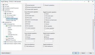 Trados Studio project settings window with number verifier plugin options, including exclude leading zeros and exclude full stop.