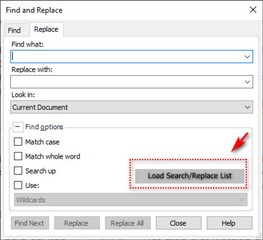 Trados Studio Find and Replace dialog box with empty 'Find what:' and 'Replace with:' fields, and a red arrow pointing to 'Load SearchReplace List' button.